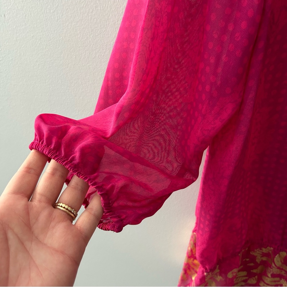 Chico’s Damask Shimmer Lacy Top 3/4 Bengali Pink Sheer Blouse NWT Size Large (2) - Picture 5 of 9